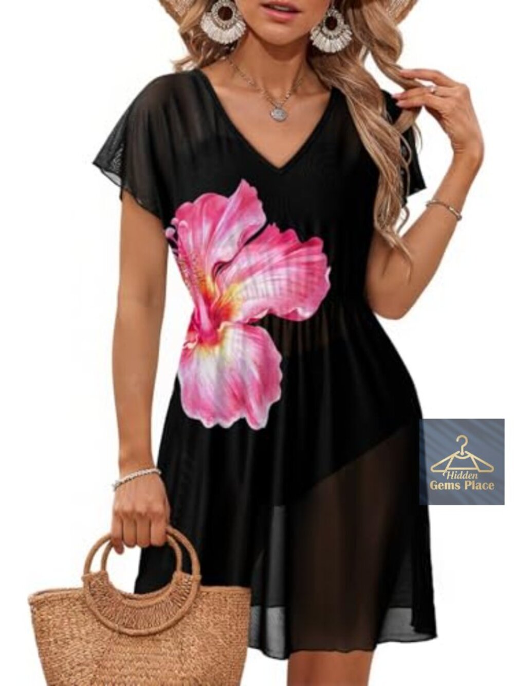 Women's V Neck Sheer Mesh Beach Cover Up Short Sleeve Floral Bikini Dress